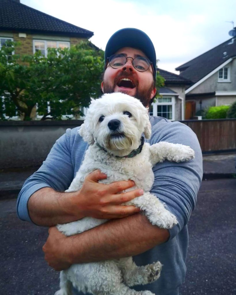 Joe the dog-walker from joes happy tails with LuLu on a dog walk in Cork